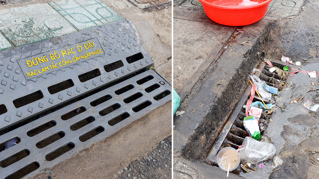 An iron grille covers the surface of the new sewer opening (L) to prevent garbage from entering the drainage system, compared to the old opening design (R). Photo: Tuoi Tre