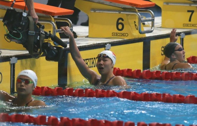 Anh Vien touches the wall first in the women's 200m individual medley event.