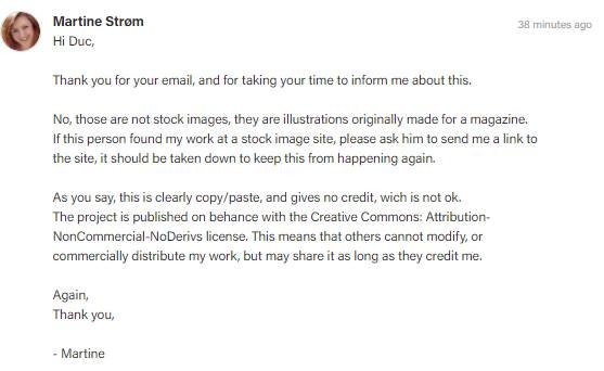 An email by Martine Strom claiming she had not given permission for Maxk Nguyen to reuse her work.