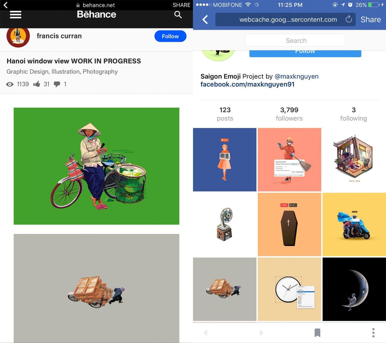 A work by Francis Curran (down left) is replicated in the Saigon Emoji project (right) by Maxk Nguyen without credit given to the original artist.