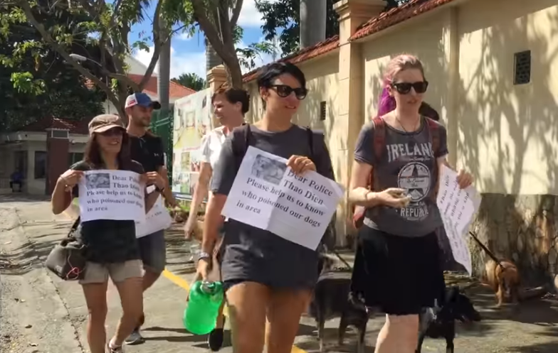 Expats march in protest of the mass pet poisonings in this still image taken from the SaoStar footage.