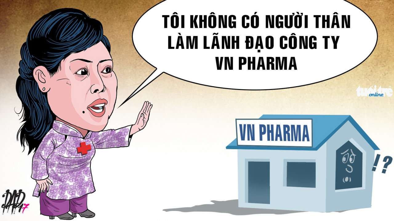 A caricature depicting Vietnamese Minister of Health Nguyen Thi Kim Tien claiming “I have no relatives who are leaders of VN Pharma”. Photo: Tuoi Tre