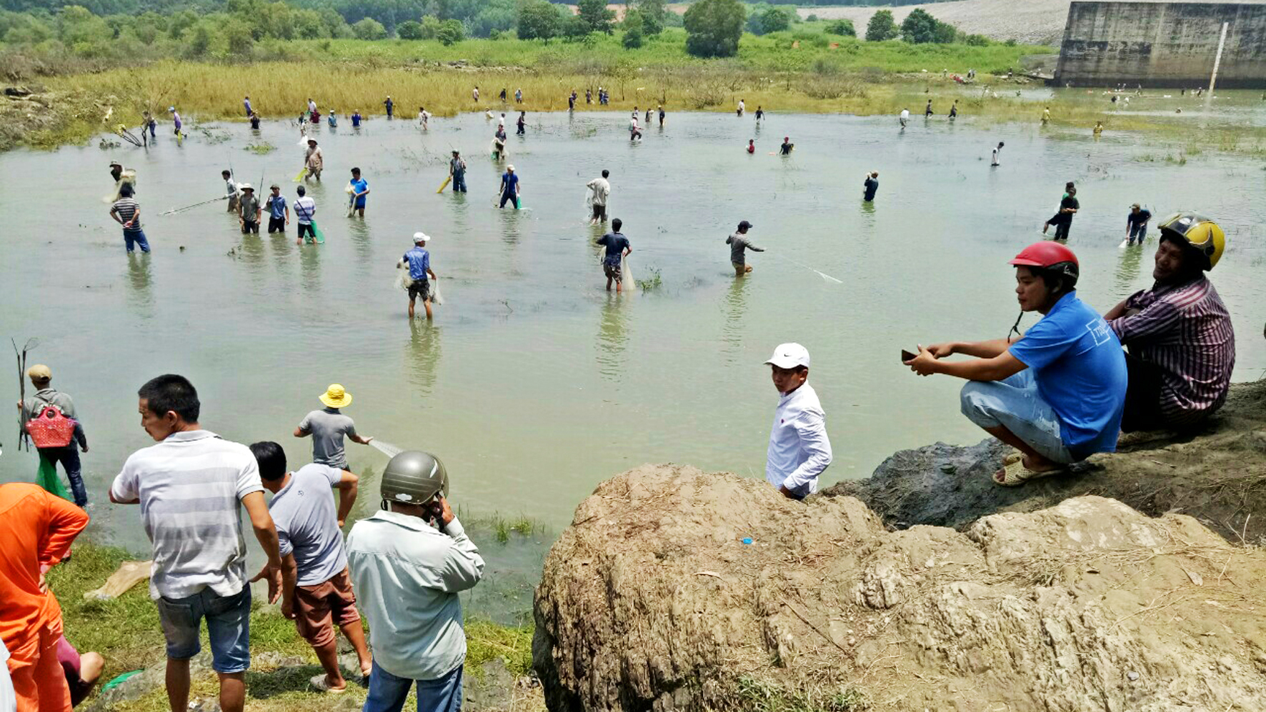 Hundreds of people catch fish after the Tri An Hydroelectric plant finishes releasing water on September 5, 2017. Photo: Tuoi Tre