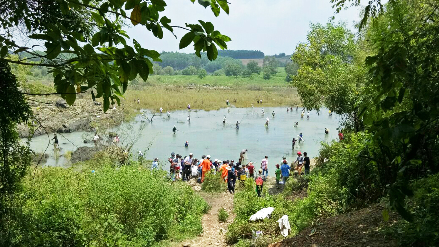 Residents from Vinh Cuu District and nearby localities in the southern province of Dong Nai gather at the location to harvest the fish.