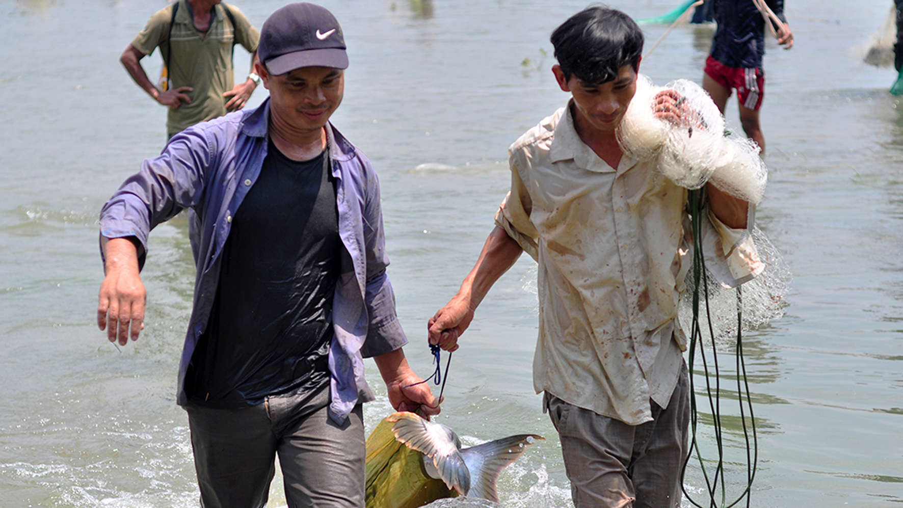 Two men manage to catch a big fish.