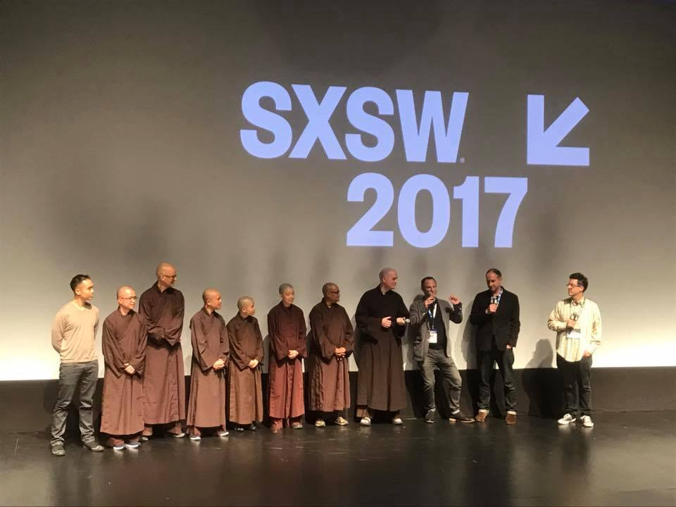 Plum Village monks and directors of ‘Walk with Me’ appear onstage at the film’s world premiere at the South by Southwest Festival (SXSW) Film Festival in Austin, Texas, the U.S. Photo: Facebook/Walk With Me