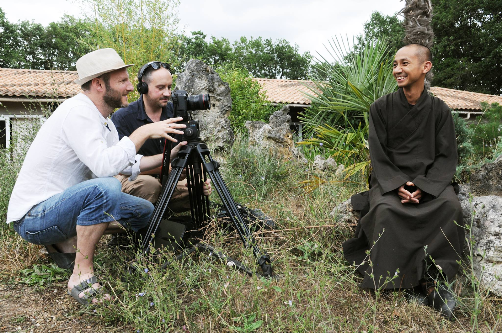 British directors Marc J. Francis and Max Pugh interview a monk at Plum Village Monastery in southern France. Photo: Facebook/Walk With Me