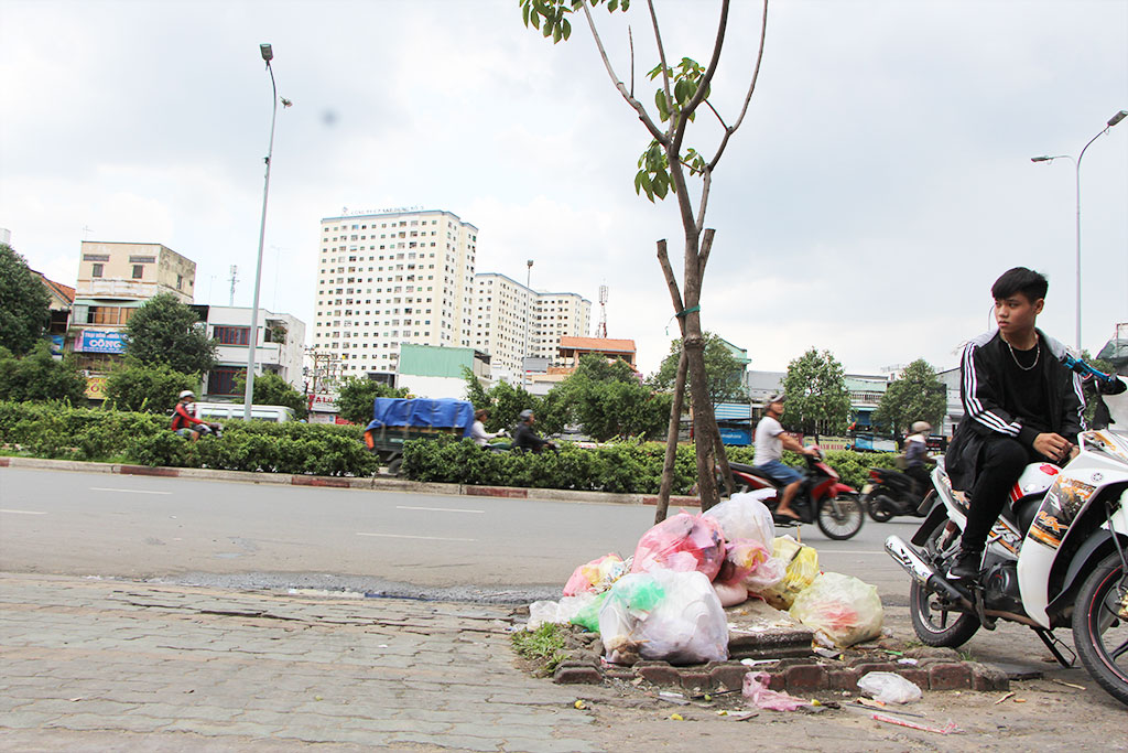 A tree becomes a garbage dumping site on a sidewalk in Ho Chi Minh City. Photo: Tuoi Tre