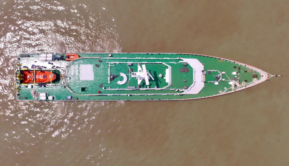 The ship is seen from above.