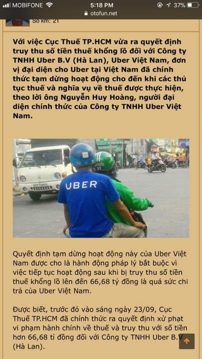 An online rumor that claims Uber Vietnam will shut down due to tax-related issues is seen in this screenshot.