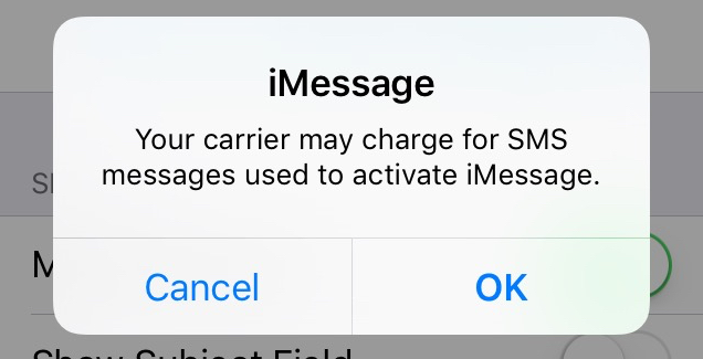 A warning message for users when activating iMessage