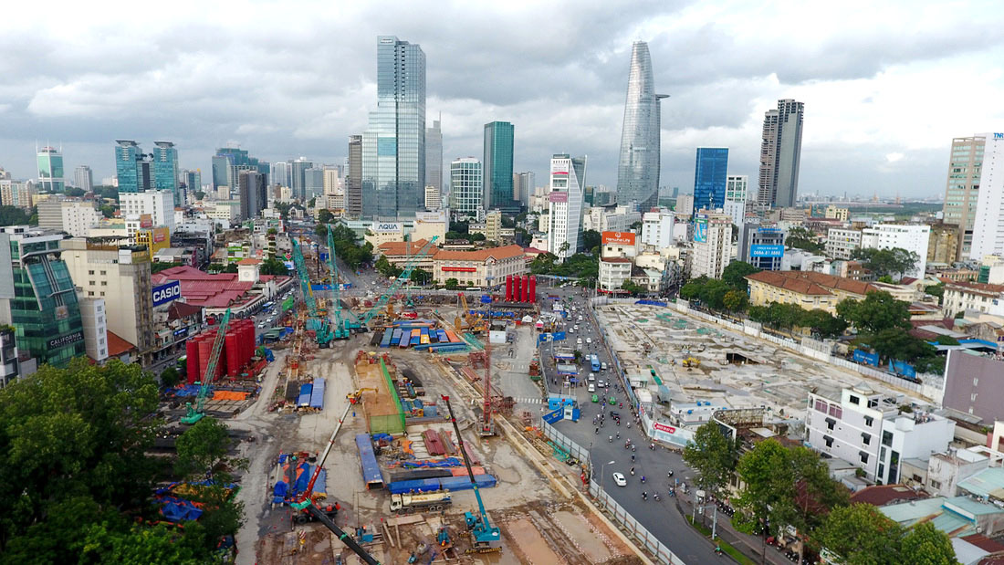 An aerial view of the construction site of the metro line in Ho Chi Minh City.