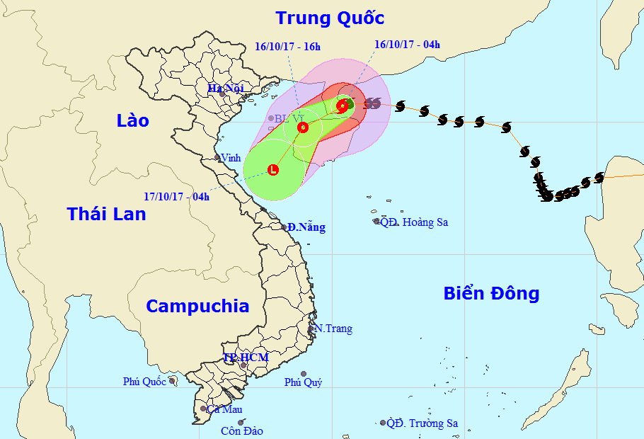 A map detailing the route of Tropical Storm Khanun on October 16 and 17, 2017. Photo: National Center for Hydro-meteorological Forecasting
