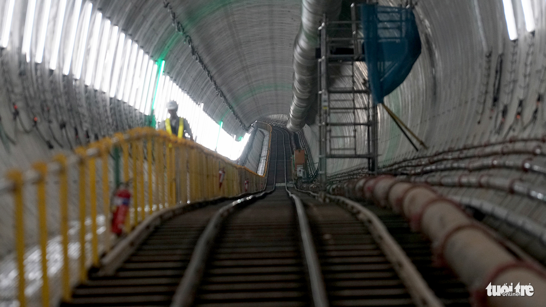 The railway has been installed on the the completed section of the tunnel.