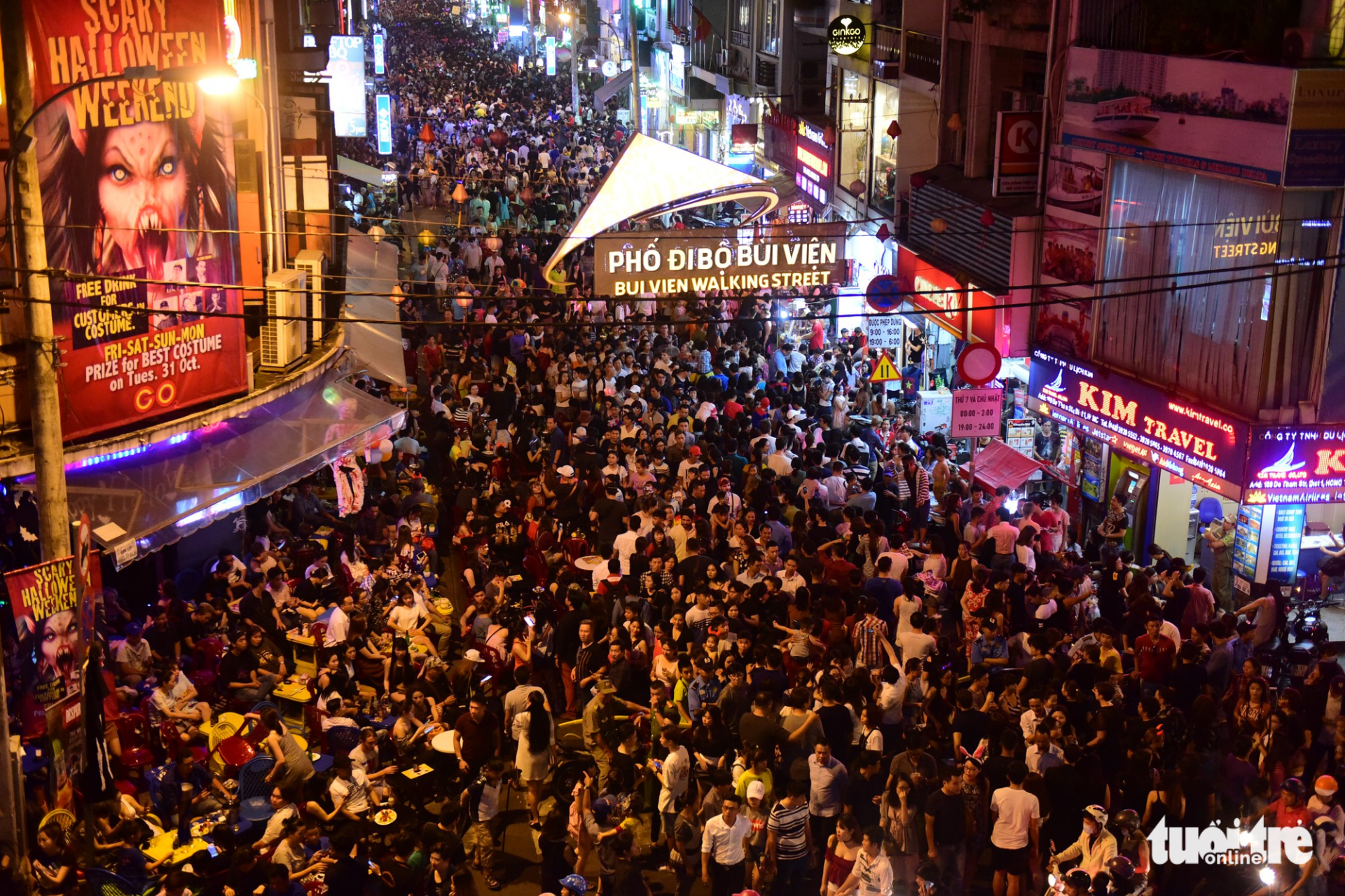 The crowded Bui Vien Street is seen from above.