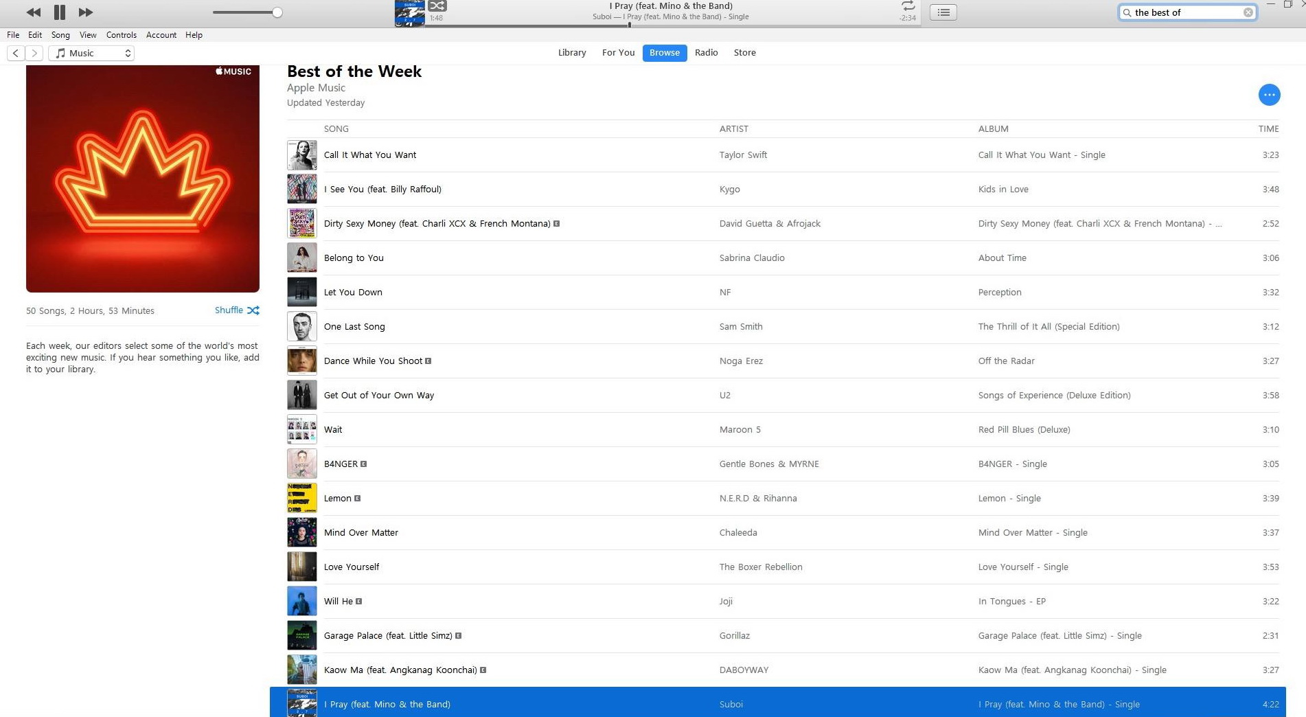 Suboi’s single “I Pray” in Apple Music’s Best of the Week playlist - Screenshot taken on November 6, 2011