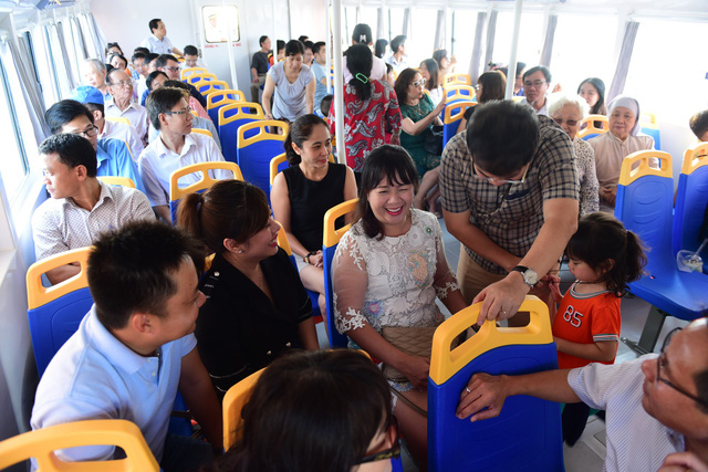 Inside the river bus on its pilot trip. Photo: Tuoi Tre