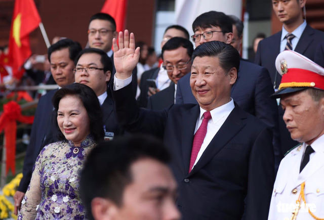 General Secretary Xi Jiinping and Chairwoman of the National Assembly Nguyen Thi Kim Ngan at the inauguration of the Vietnam-China Friendship Palace. Photo: Tuoi Tre
