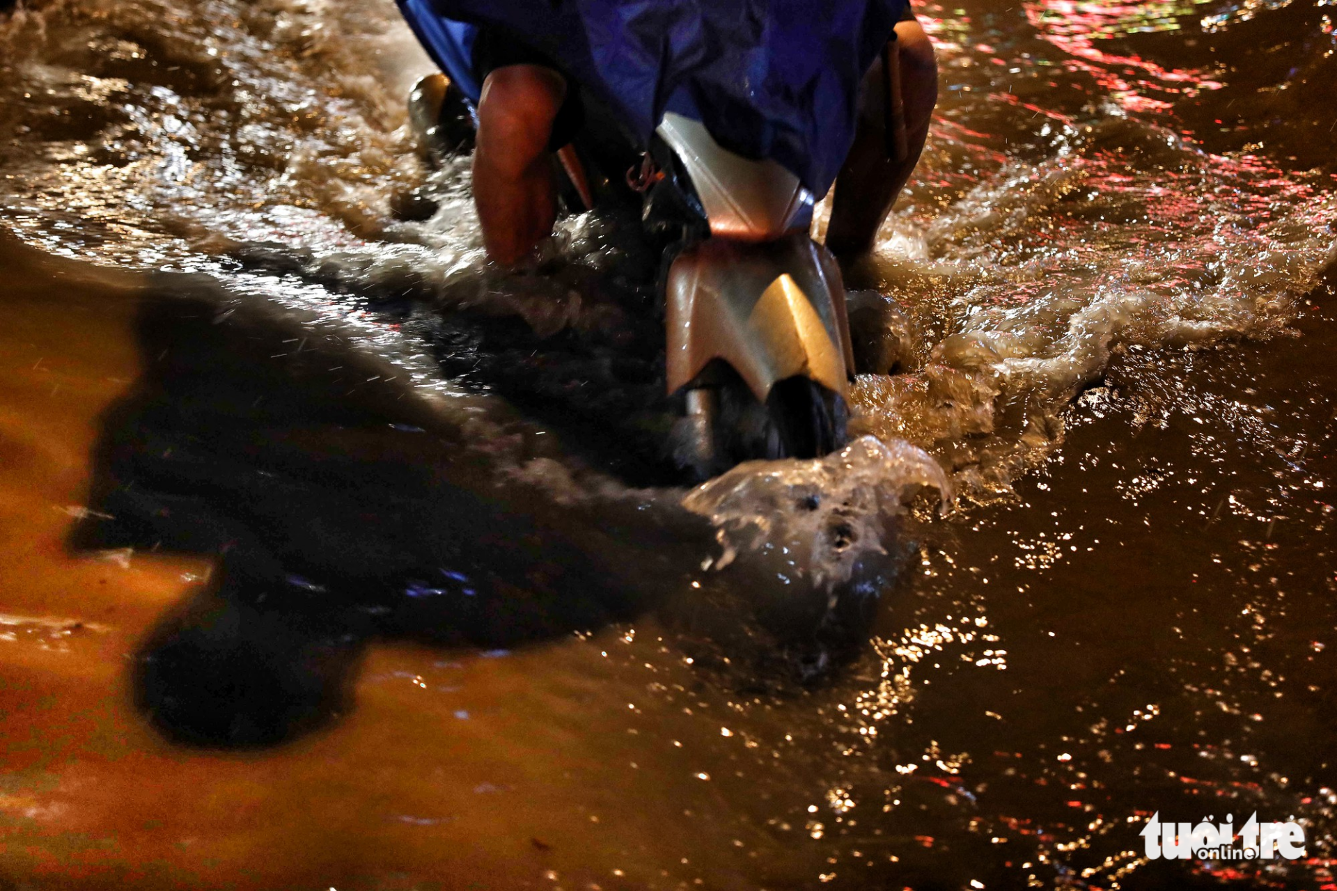 A motorcyclist struggles in floodwaters. Photo: Tuoi Tre