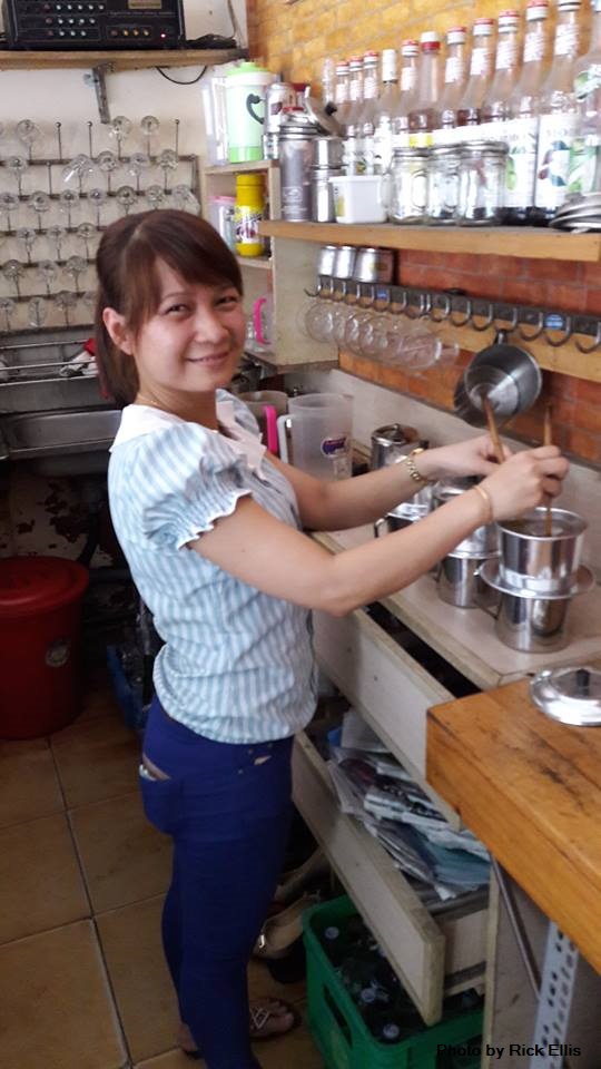 Trang on the job making coffee