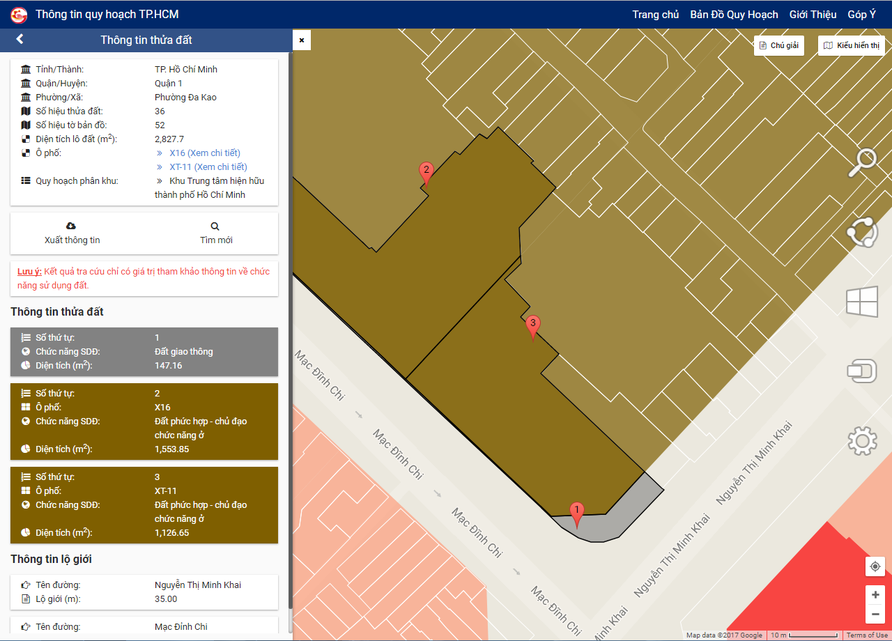The web version interface of the database on land use planning in Ho Chi Minh City.