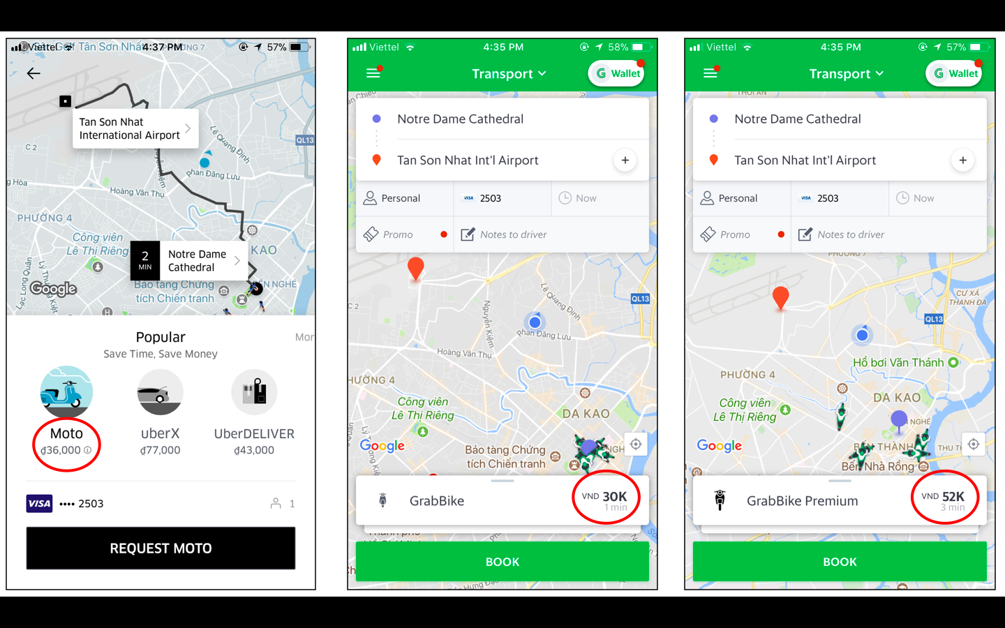 Fare comparison between UberMOTO, GrabBike and GrabBike Premium, November 3,0 2017. Photo: Tien Bui/Tuoi Tre News