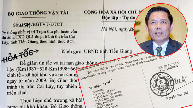 An urgent dispatch signed by Nguyen Van The (small photo), then Deputy Minister of Transport, addressed to the administration of Tien Giang Province concerning the location of the Cai Lay toll station. Photo: Tuoi Tre