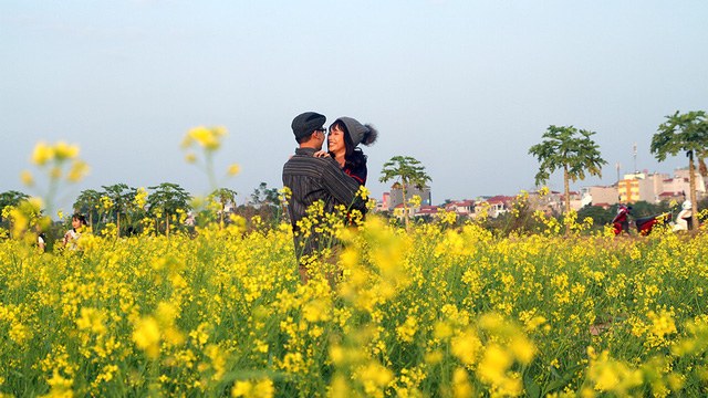 A couple create sweet memories at the canola terrace.