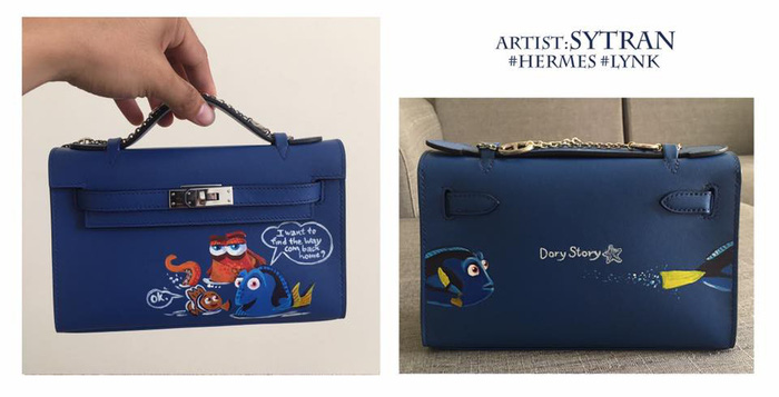 Sy's paintings are featured on Hermes handbags in this 2015 fashion project. Courtesy of Sy