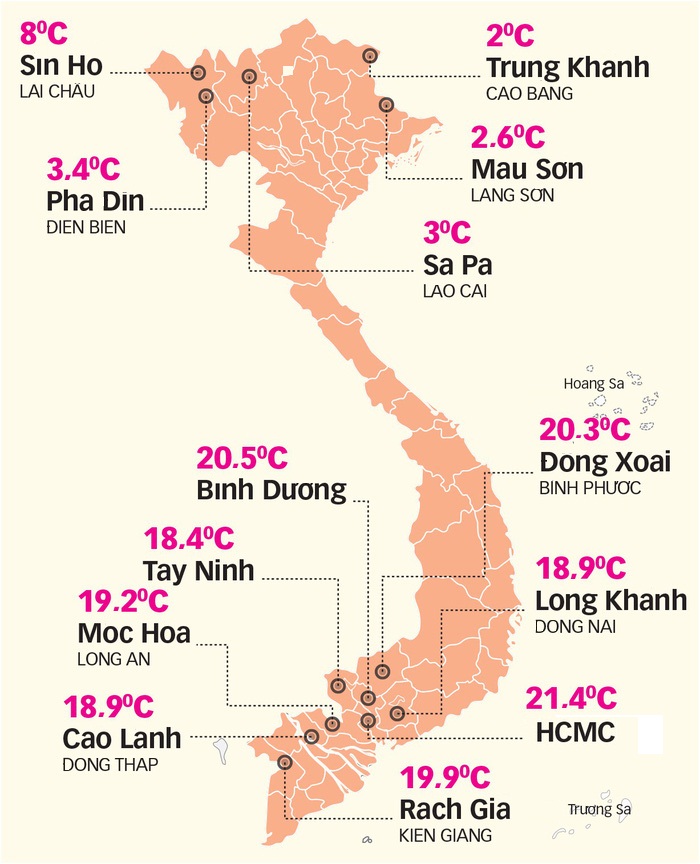 A map detailing temperatures in several Vietnamese localities on Decmeber 19, 2017.