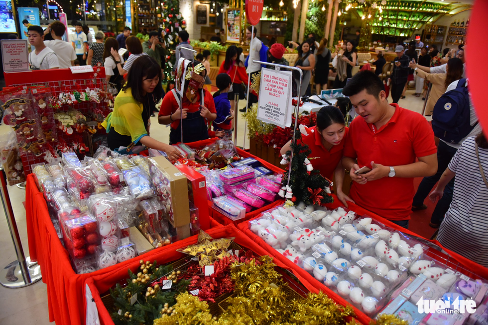 Christmas decorations are sold at a mall. Photo: Tuoi Tre