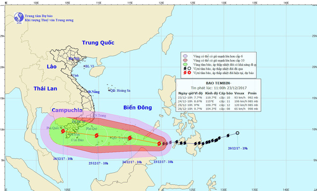 The expected journey of Typhoon Tembin from December 23 to 26, 2017. Photo: National Center for Hydro-meteorological Forecasting