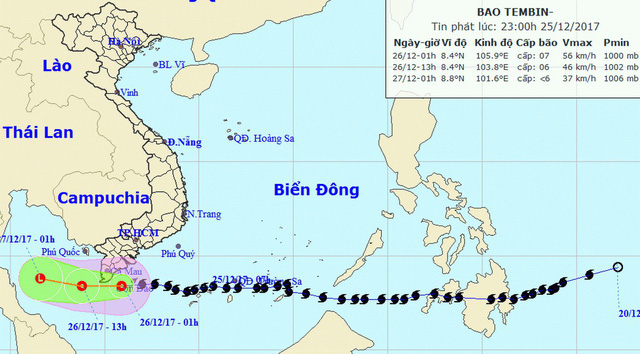 A map detailing the path of the tropical depression from December 26 to 27, 2017. Photo: National Center for Hydro-meteorological Forecasting