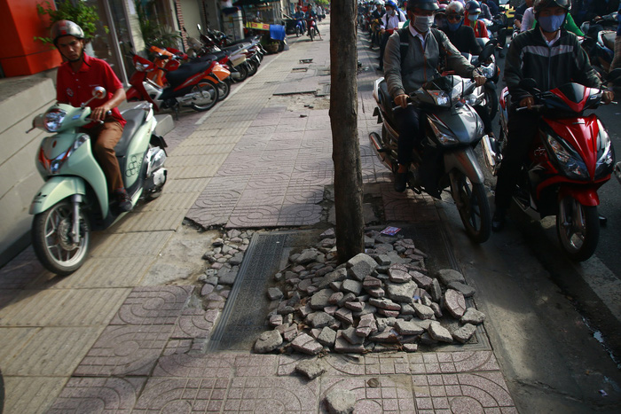 Broken tiles are gather at a tree on a sidewalk in Ho Chi Minh City. Photo: Tuoi Tre