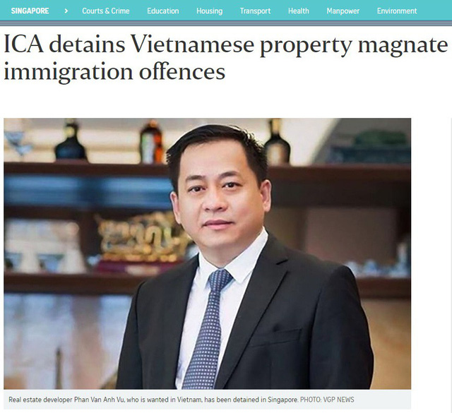 A screenshot of a Straits Times report about the arrest of Phan Van Anh Vu.