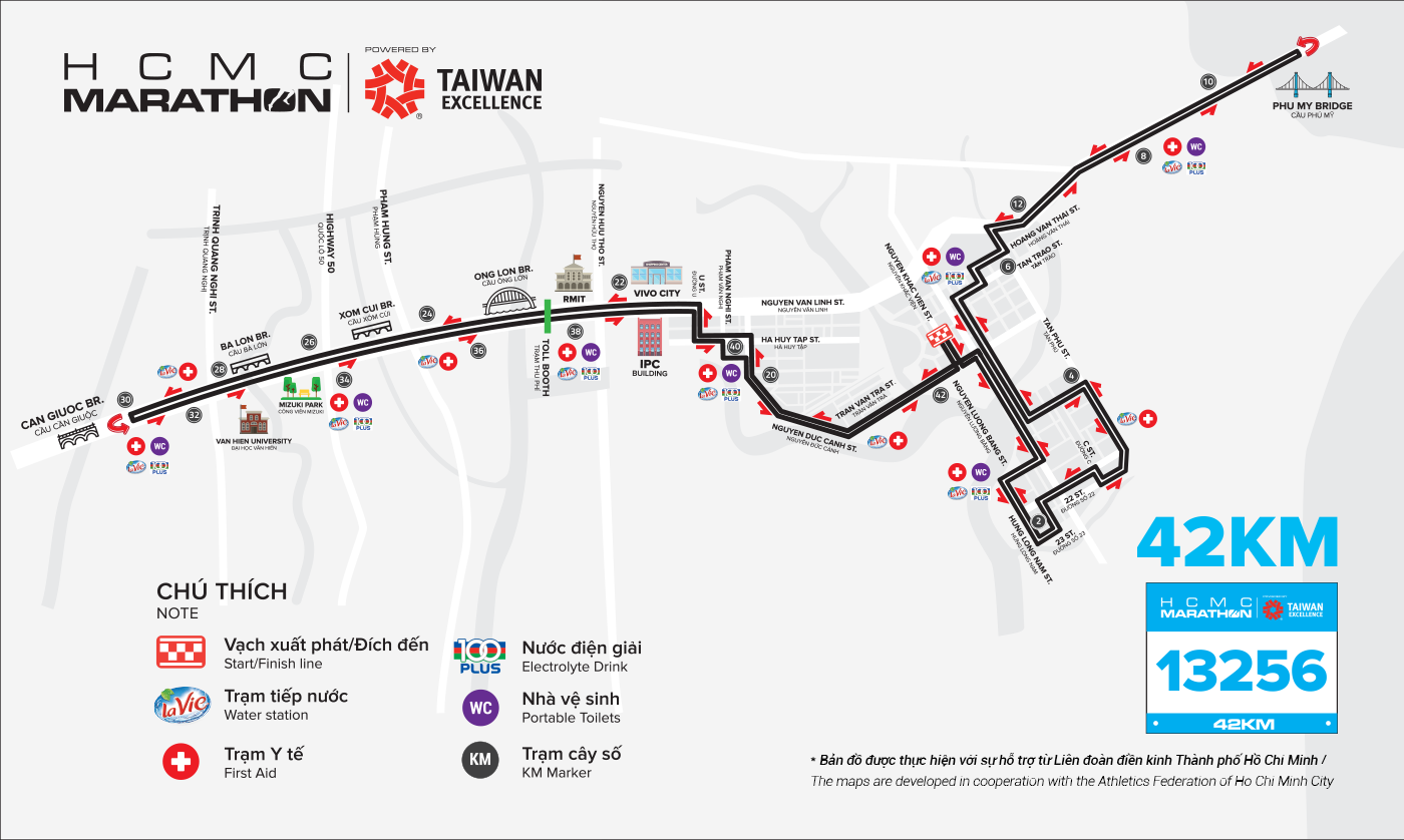 A map of the HCMC Marathon 2018 marathon race in Ho Chi Minh City, January 14, 2018. Photo: HCMC Marathon