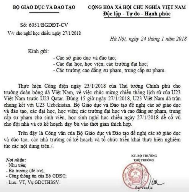 The fake dispatch allowing students in Vietnam to enjoy an afternoon off to watch the final game of the 2018 AFC U23 Championship. Photo: Tuoi Tre