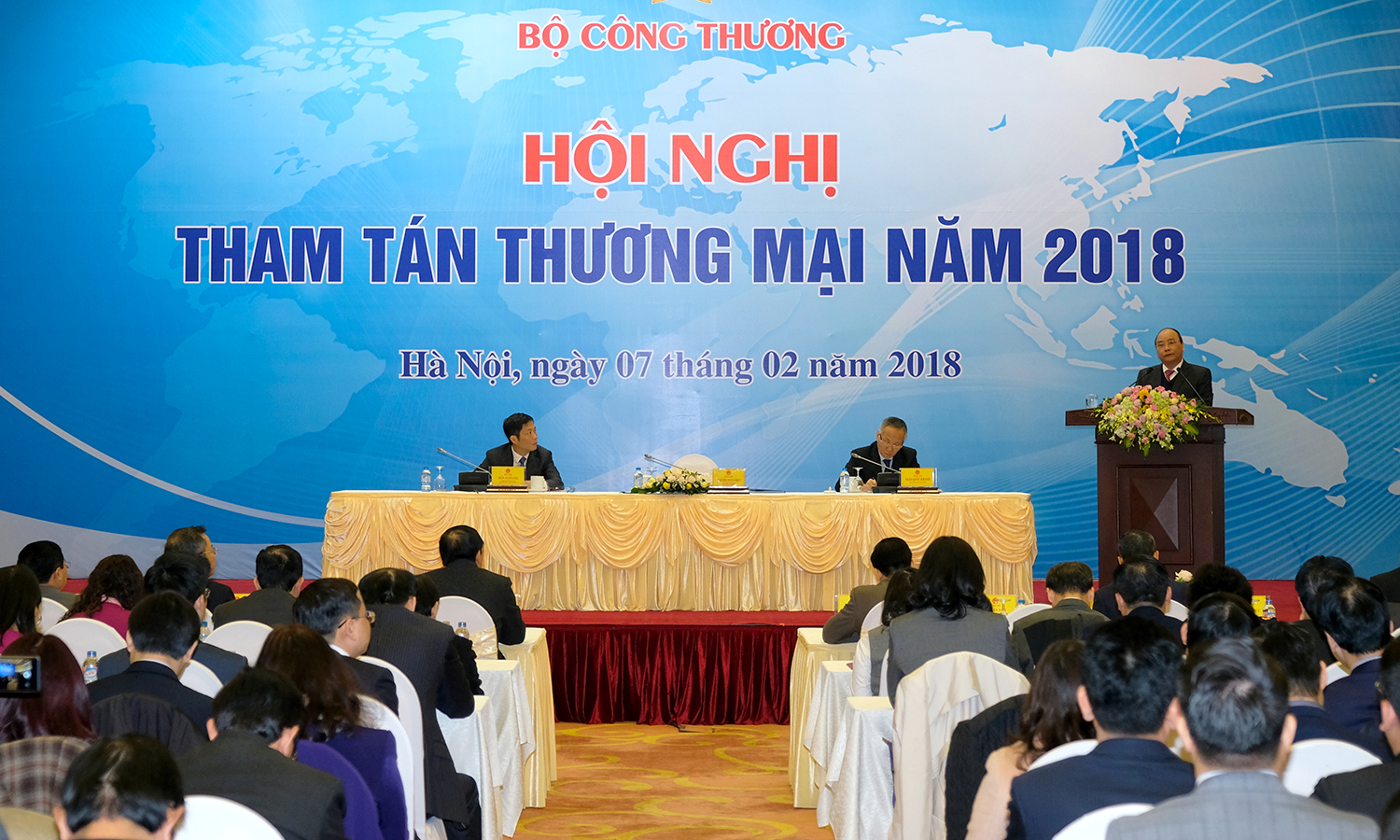 Vietnam's Prime Minister Nguyen Xuan Phuc delivers remarks at a conference in Hanoi on February 7, 2018. Photo: VGP