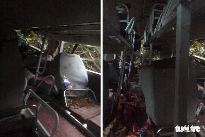 Seats are badly damaged on the sleeper bus after it plunged off a cliff on the Lo Xo Pass on March 1, 2018. Photo: Tuoi Tre