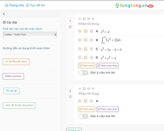 A multiple-choice item on Tungtung.vn in a screenshot of the website