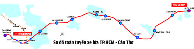 A map of the proposed high-speed rail between Ho Chi Minh City and Can Tho City in southern Vietnam. Graphic: Tuoi Tre