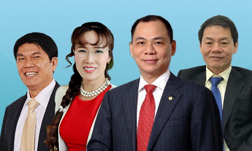 (from left) Hoa Phat Group chairman Tran Dinh Long, VietJet CEO Nguyen Thi Phuong Thao, VinGroup boss Pham Nhat Vuong, and THACO chairman Tran Ba Duong - the only four Vietnamese ranked in the 2018 Forbes list of world's dollar billionaires. Photo: Tuoi Tre