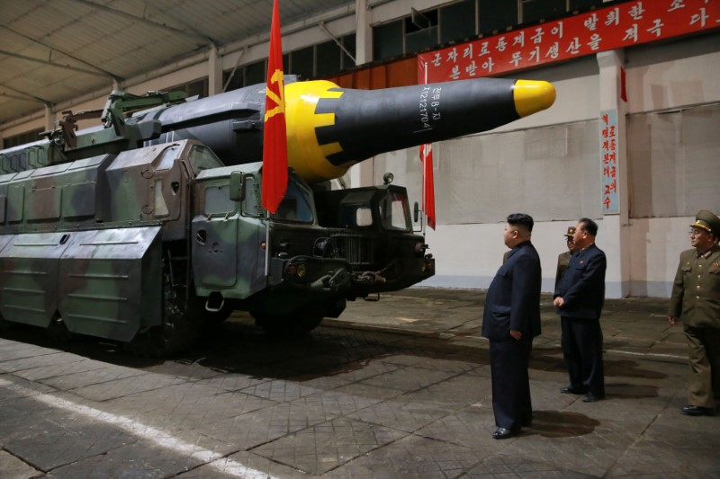 North Korean leader Kim Jong Un inspects the long-range strategic ballistics rocket Hwasong-12 (Mars-12) in this undated photo released by North Korea's Korean Central News Agency (KCNA) on May 15, 2017. Photo: KCNA/via REUTERS