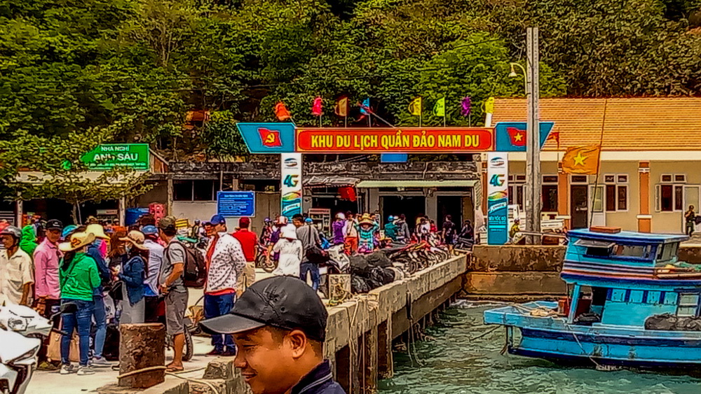 A sign of the times at Bai Chet, the archipelago’s main port. Photo: Jon Aspin