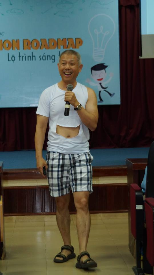 Prof. Dr. Truong Nguyen Thanh wears shorts and a cut out T-shirt during a lecture at Hoa Sen University in this photo posted on his Facebook account.