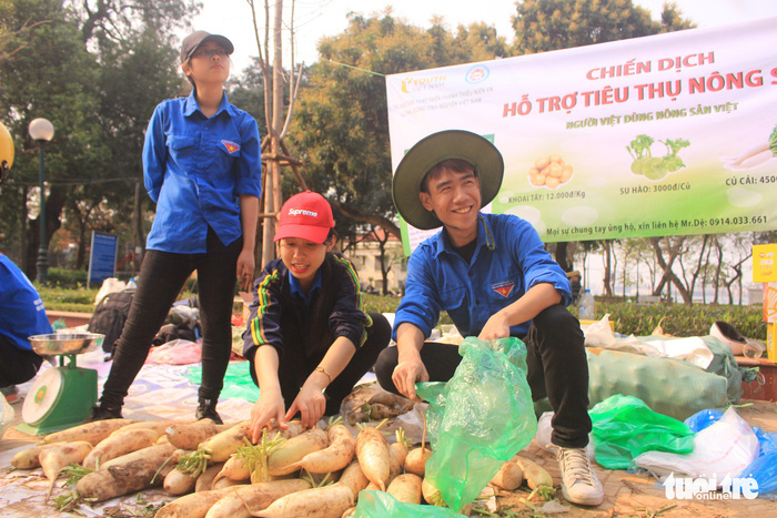 Young people from Vietnamese Youth Development in Hanoi help farmers sell overstocked radish. Photo: Tuoi Tre