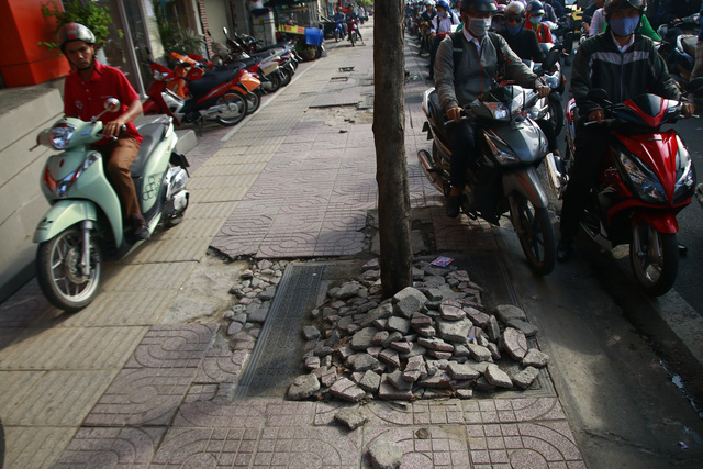 A motorcycle rides past the pile of rubble under a tree on a road in Ho Chi Minh City, Vietnam. Photo: Tuoi Tre