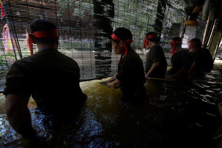 Vietnamese puppeteers controlling water puppets from behind a bamboo screen in a pool during a performance in Hanoi. Photo: AFP