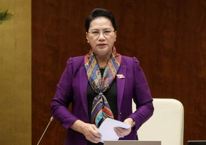 Nguyen Thi Kim Ngan, Chairwoman of the National Assembly, addresses fellow lawmakers at the start of the legislature’s meeting on June 11, 2018. Photo: Tuoi Tre