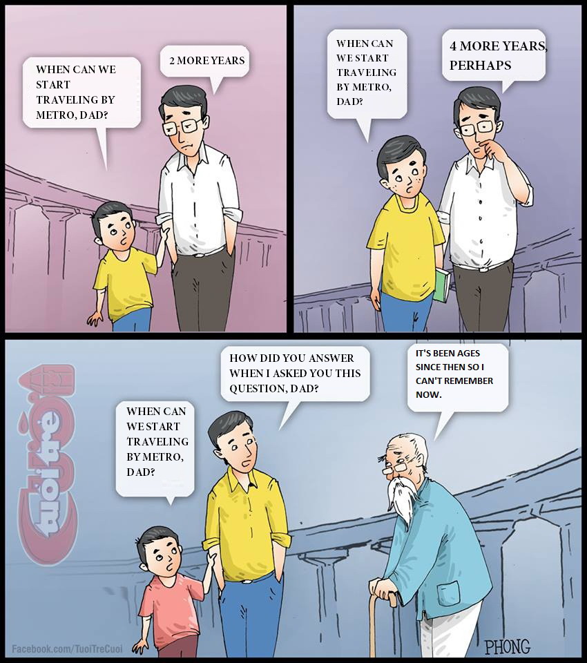 A comic strip ridiculing the multiple delays of the first metro line project in Ho Chi Minh City. Photo: Tuoi Tre